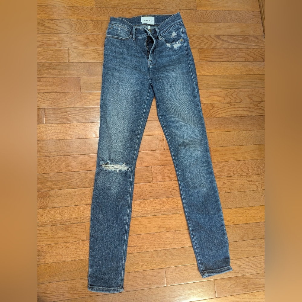 Frame Denim Dark Blue Distressed Skinny Jeans